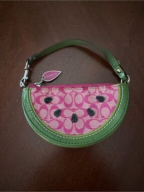 Coach Pink Signature Watermelon Coin Purse with Green Trim